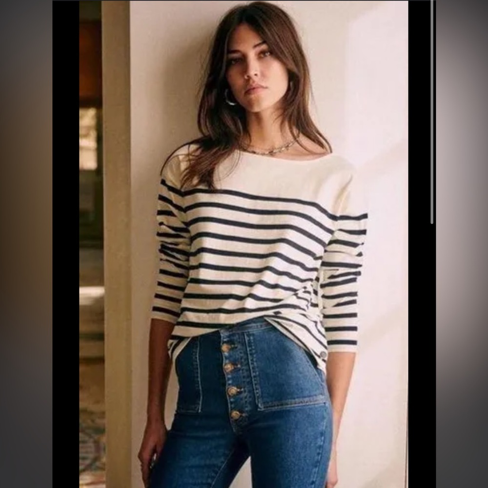 Sezane Black and Cream Striped Long Sleeve Tee